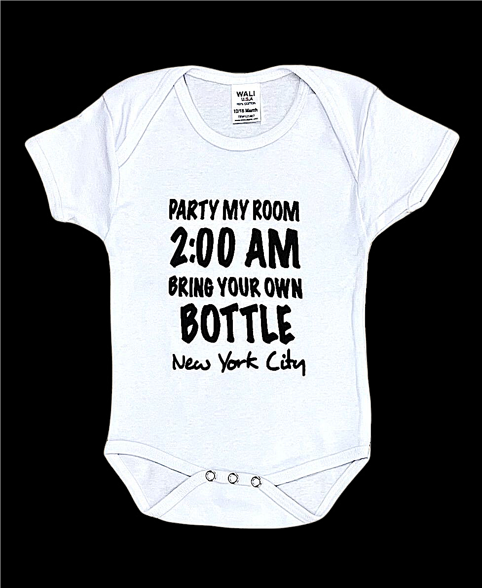 Baby onesies with "Party My Room" Screen Print