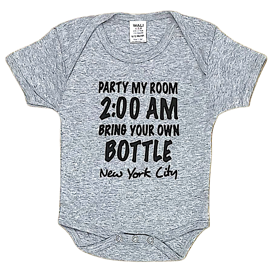 Baby onesies with "Party My Room" Screen Print